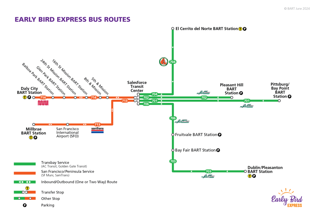 Early Bird Express Bus Map effective June 10, 2024