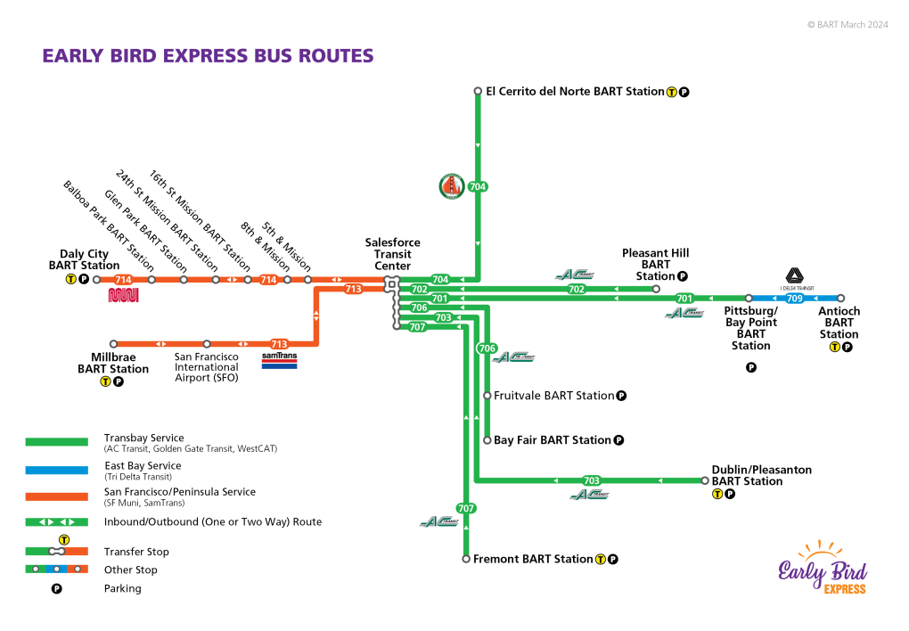 Early Bird Express Bus Map Effective March 2024