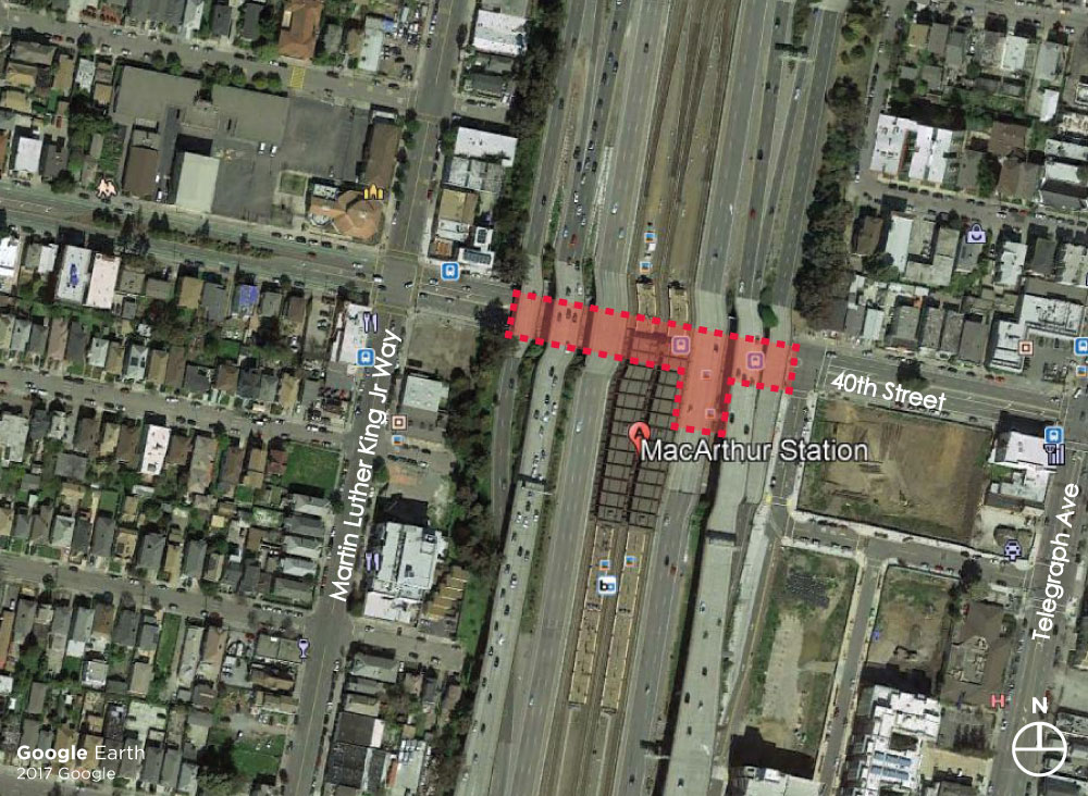 Aerial image of the MacArthur Station location with the project area under the freeway highlighted