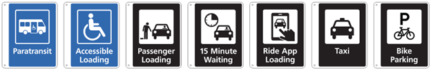 Identification signage for curb zones and bike parking (black and white only)