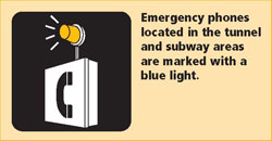 Emergency phones are located in the tunnel and subway areas and marked with a blue light. 