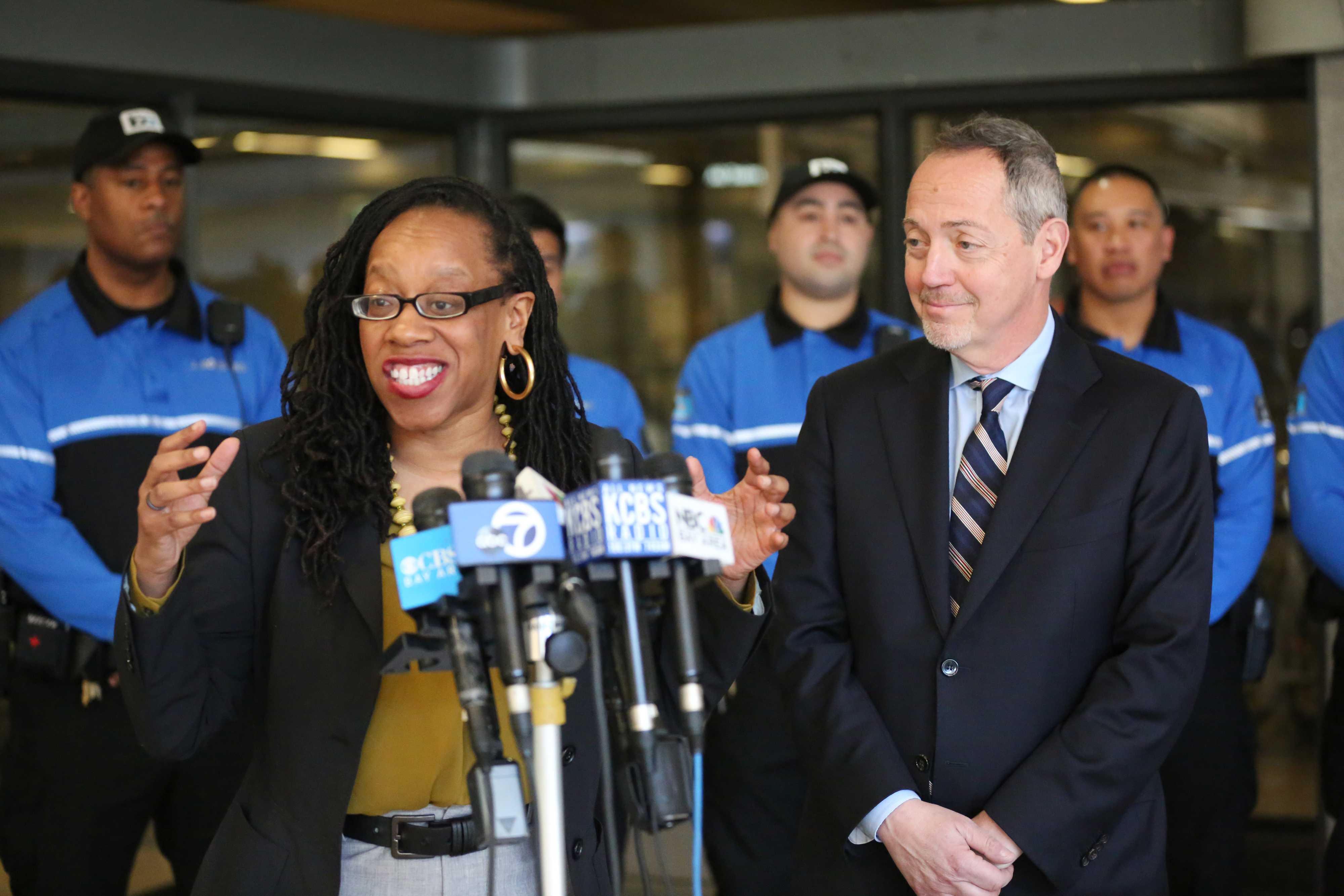 BART Board President Lateefah Simon and Board Member Bevan Dufty at press conference