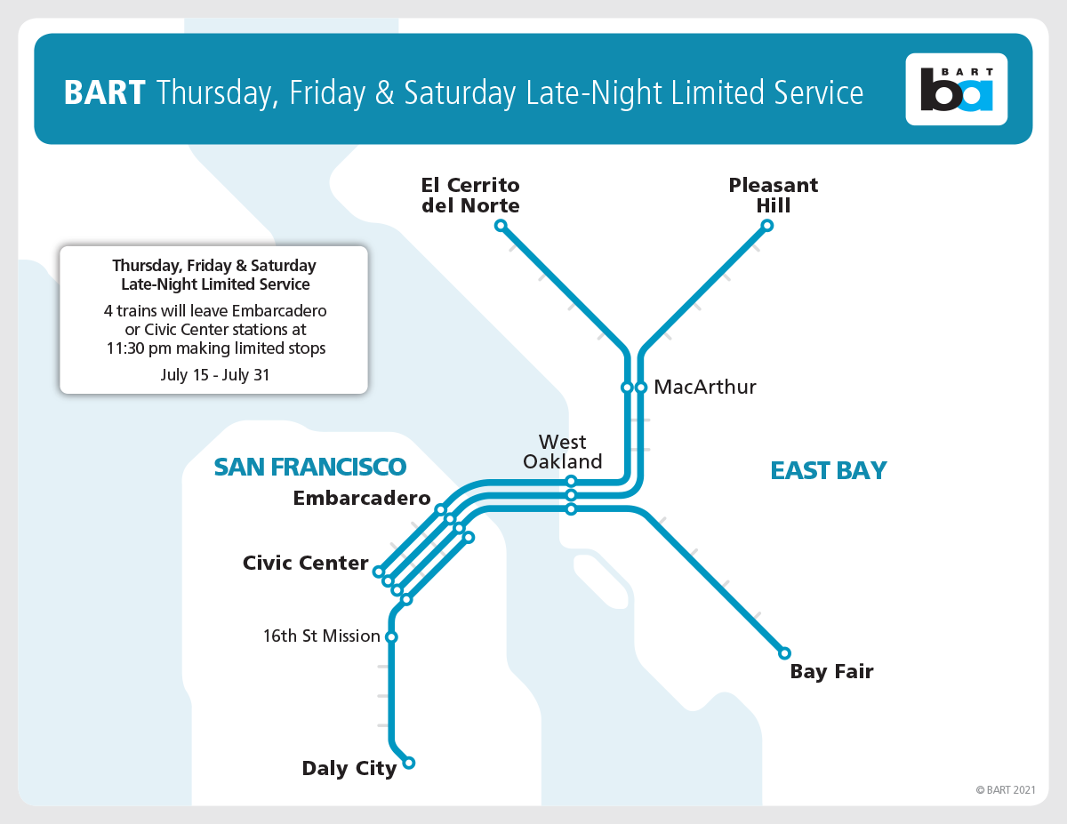BART late night limited service for July 15-31