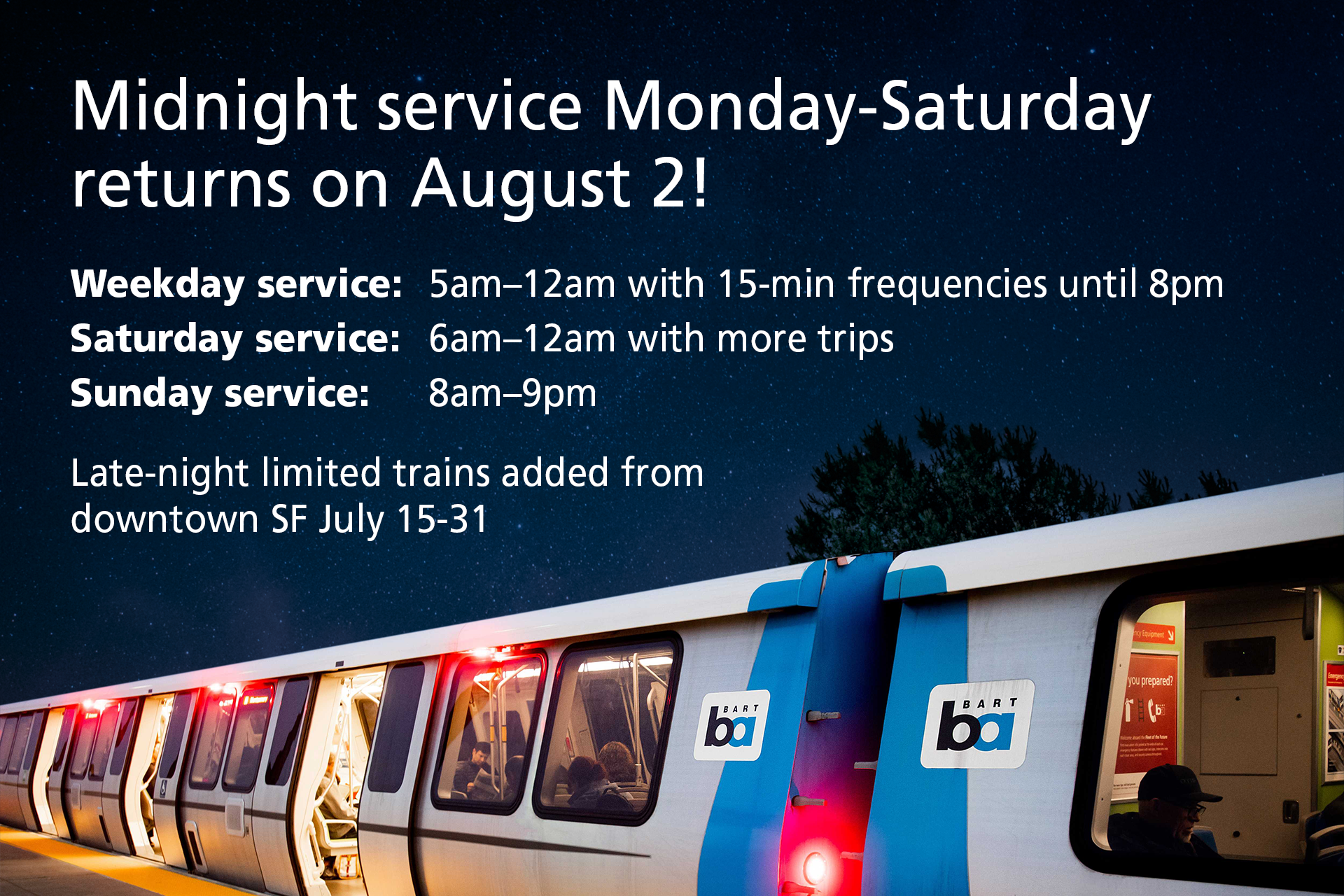 BART evening service returning on August 2