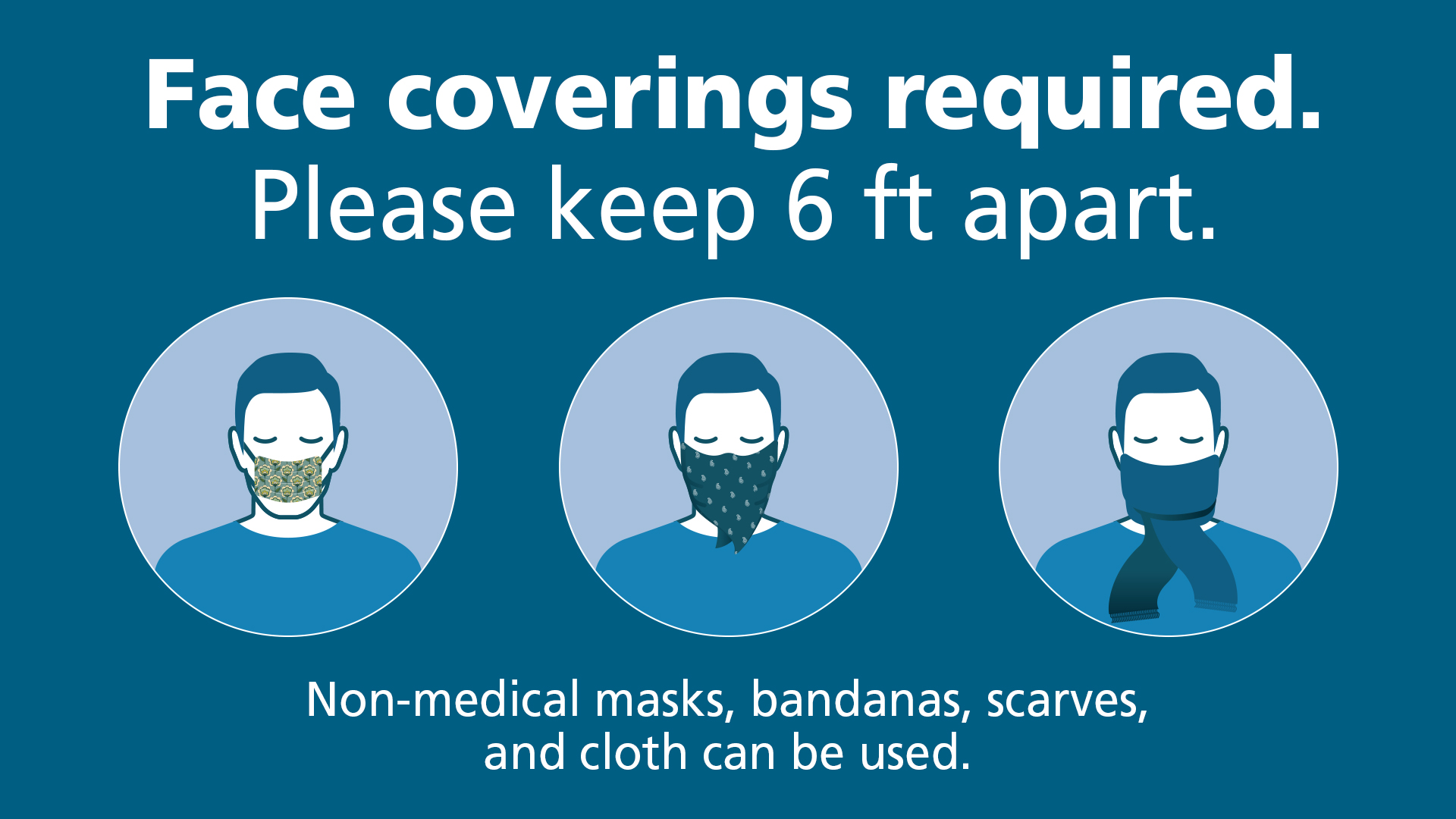 Face coverings required. Non-medical masks, bandanas, scarves, and cloth can be used.