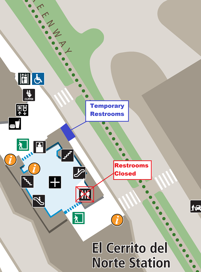 Map of closed restrooms and location of temporary restrooms at El Cerrito del Norte Station