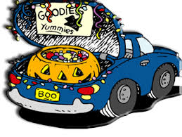 cartoon graphic of pumpkin and candy in car