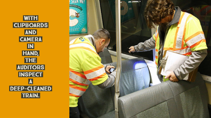 Auditors inspect a deep-cleaned train