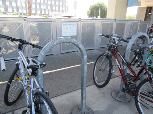 outdoor bike racks and electronic bike lockers at San Leandro BART Station