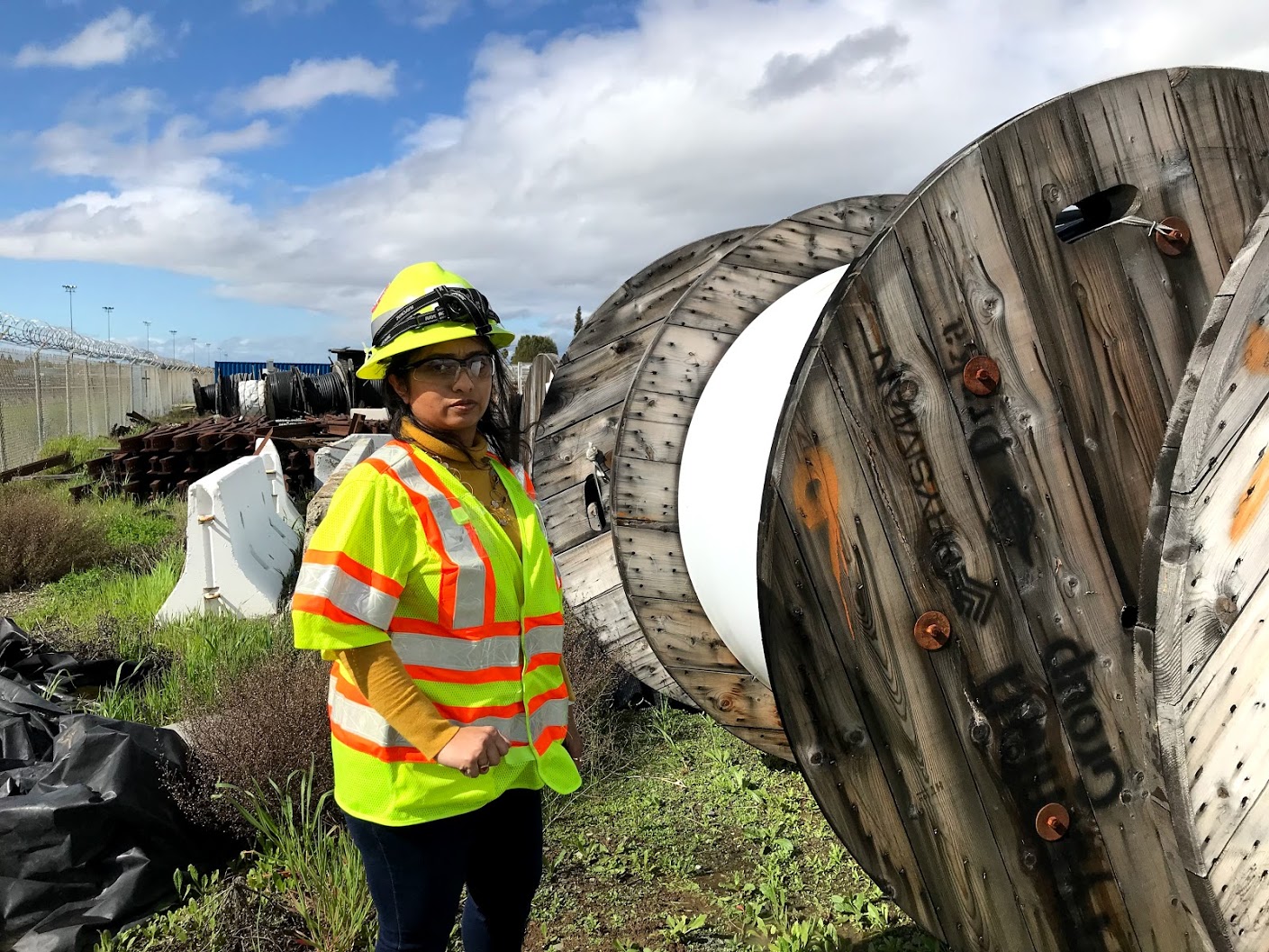 Maansii Chirag Sheth checks on spools of cable to be used for Transbay Tube work