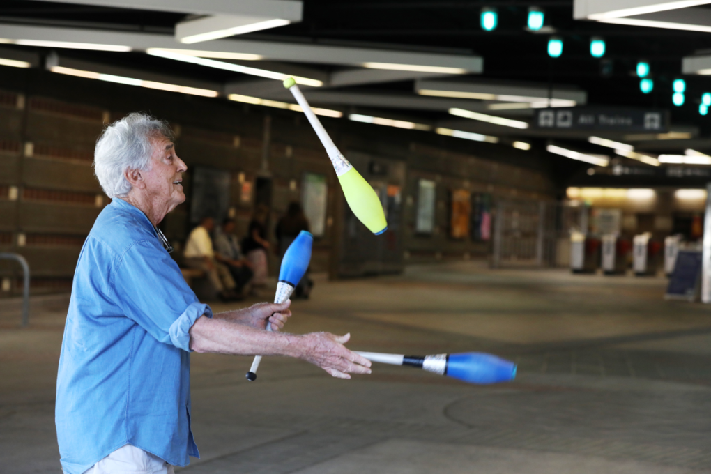 Louis Kruk is pictured juggling at Castro Valley Station during a Tuesday evening meetup in July. 