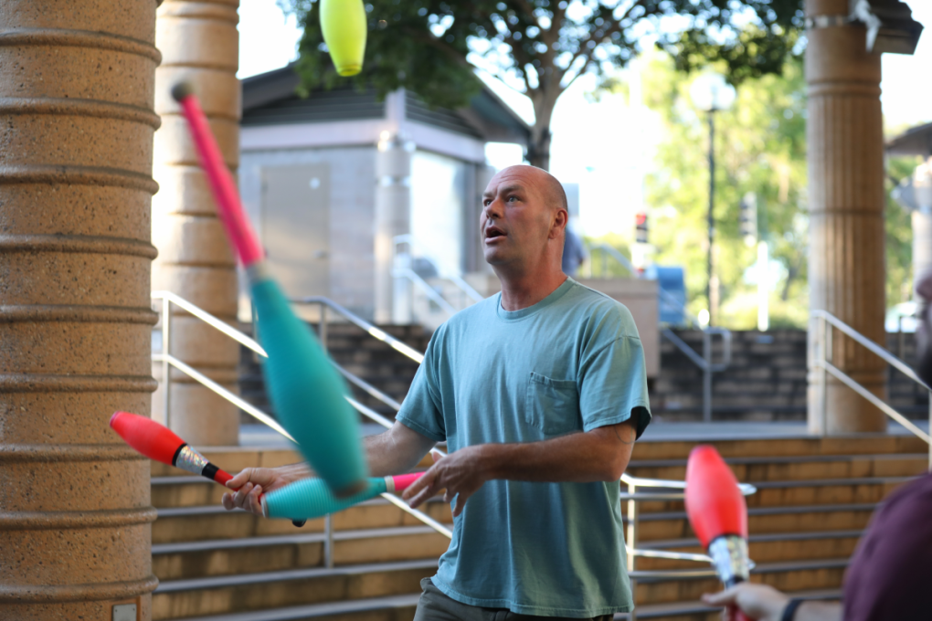 James Johnson is pictured juggling at Castro Valley Station during a Tuesday evening meetup in July.