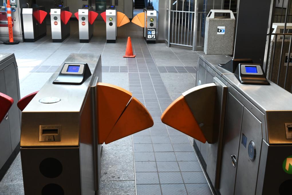 The tactile guideway passing through the accessible fare gate at Union City Station on Wednesday, Sept. 6, 2023.