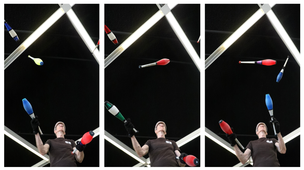 Al Franz juggling at Castro Valley Station during a Tuesday evening meetup in July.