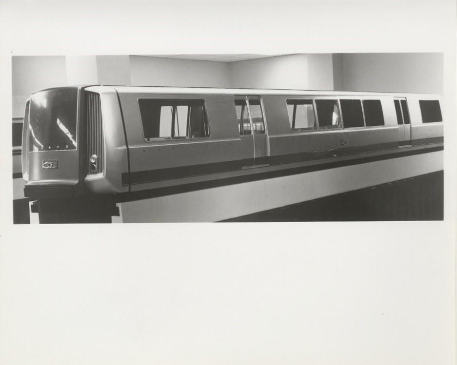 Photograph of a 1/12 scale model of a BART train prototype from the 1960s.