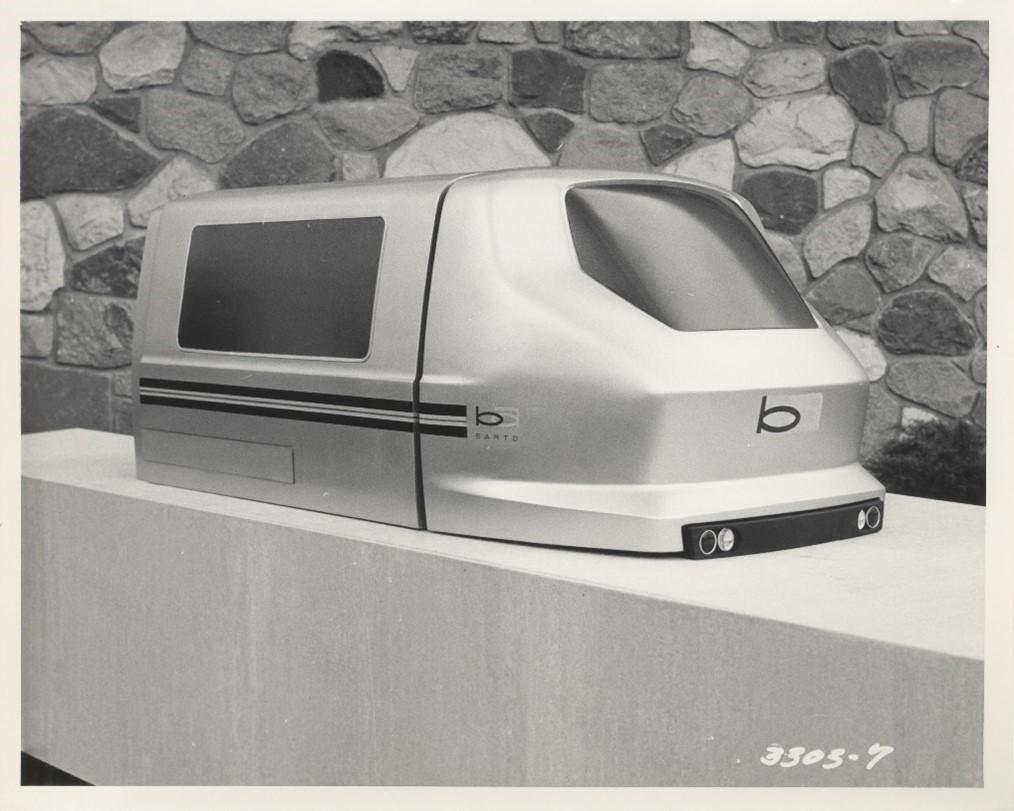 Photograph of a 1/12 scale model of a BART train prototype from the 1960s.