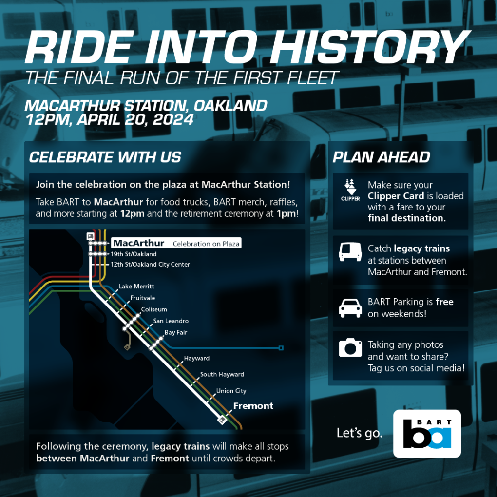 Ride into History graphic. Take BART to MacArthur station for food trucks, merch, raffles and more starting at 12pm and the retirement ceremony at 1pm. Make sure your Clipper Card is loaded with fare to your final destination. BART parking is free on weekends. 