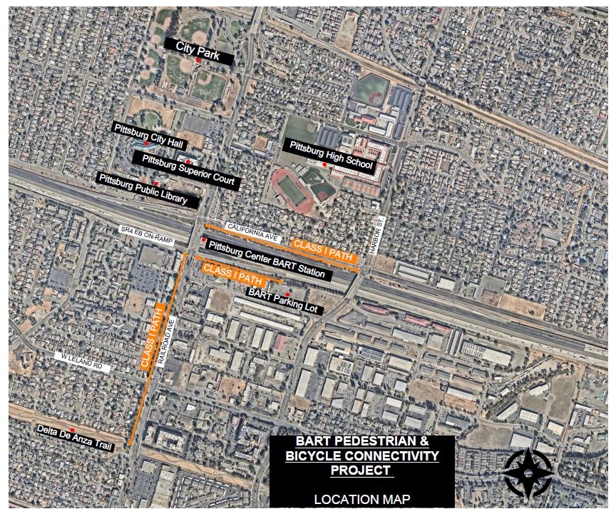 This map shows the planned installations of Class I multi use pathways near the Pittsburg Center BART station on Railroad Avenue between the Delta de Anza Trail and SR-4 eastbound ramps, parallel to SR-4 between the BART parking lot and Railroad Avenue, and on California Avenue between Harbor Street and Railroad Avenue