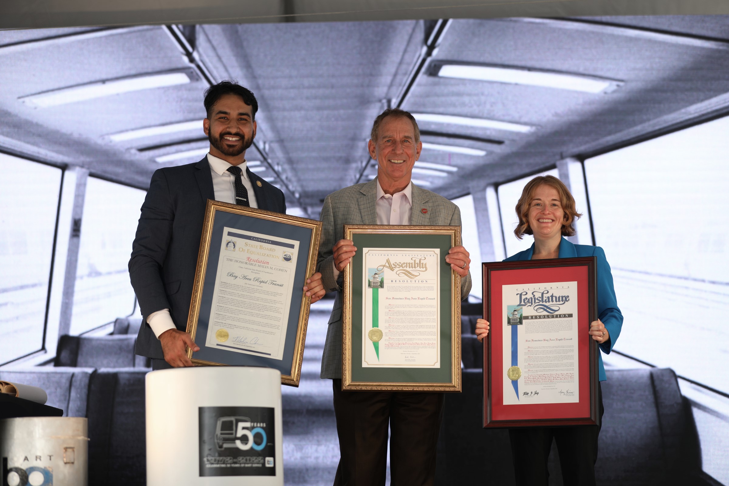 Members of the State Delegation presented BART Board President Rebecca Saltzman with a series of resolutions during BART’s 50th Anniversary Celebration.