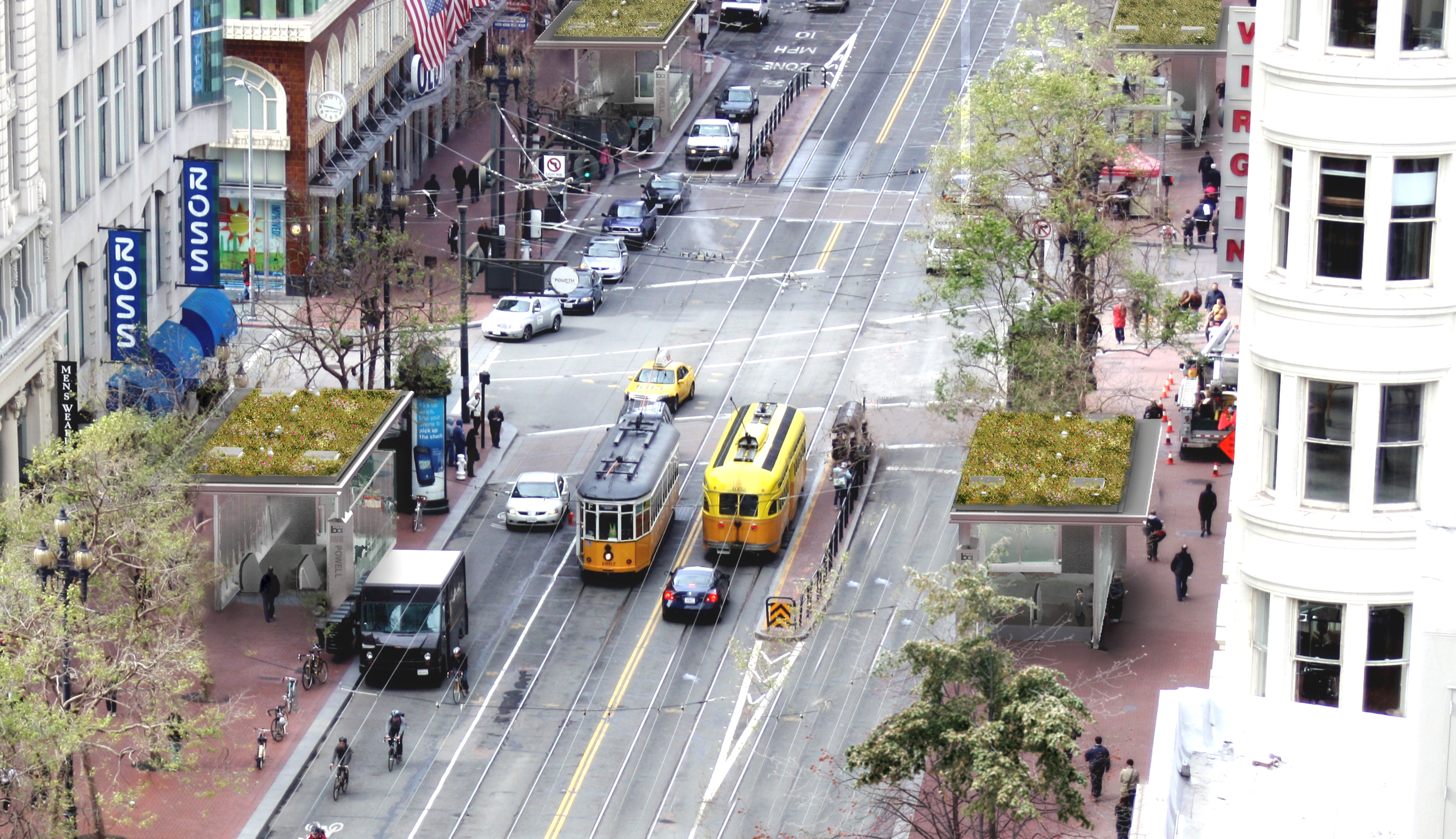 Market street showcases a green roof on two canopies