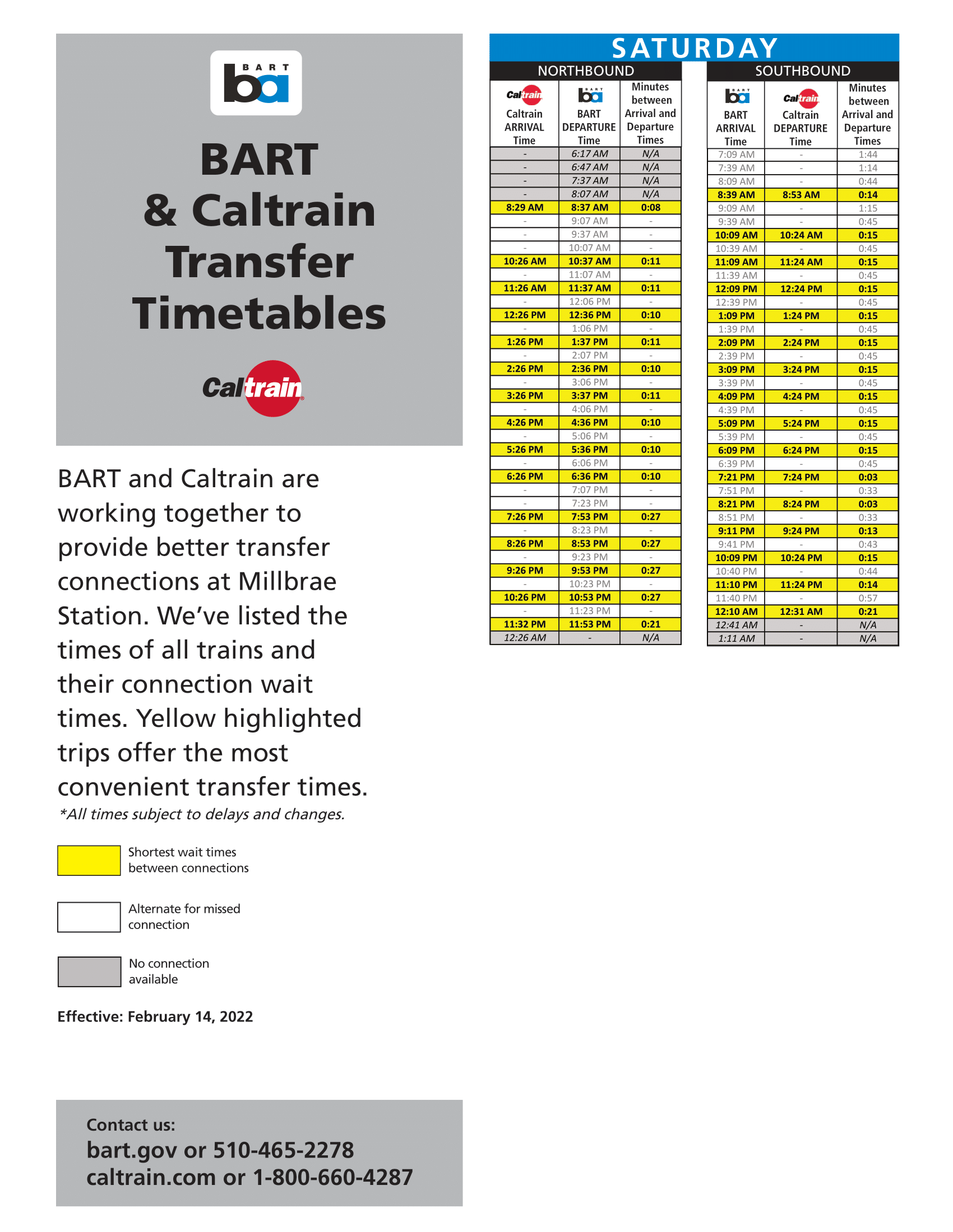 Saturday BART and Caltrain transfer times reflecting February 14, 2022 schedule change