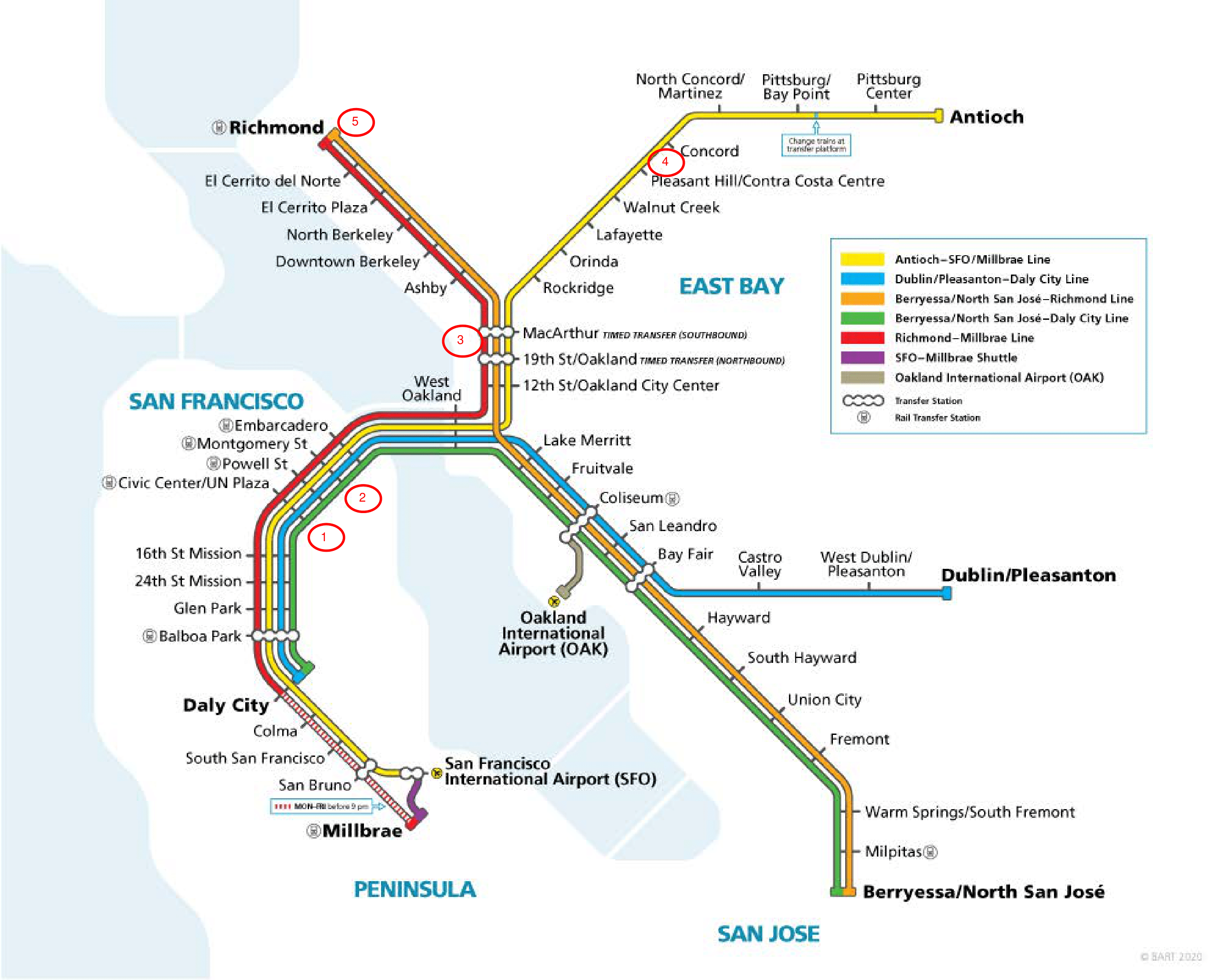 BART system map, with locations of 5 new traction power substations 