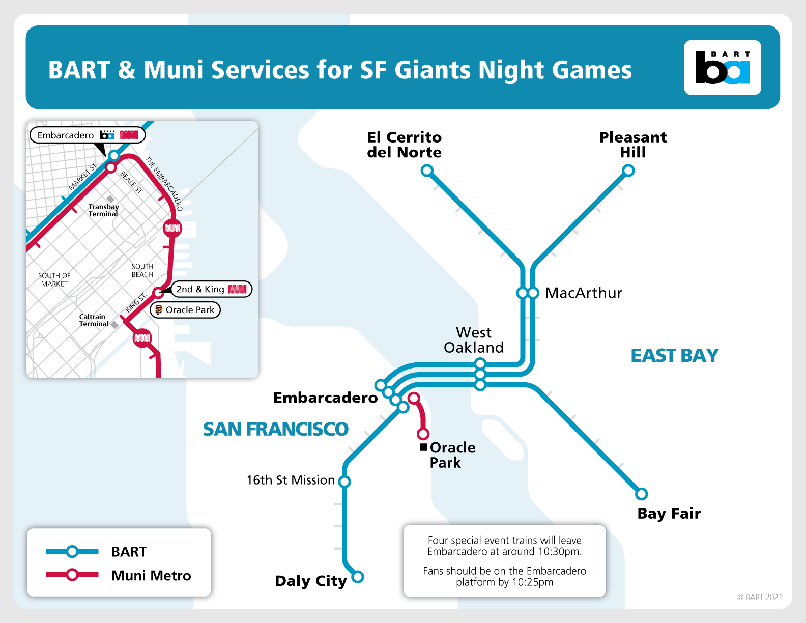 Map showing limited stops at Embarcadero, 16th, Daly City, Pleasant Hill, Bay Fair, del Norte, MacArthur, West Oakland