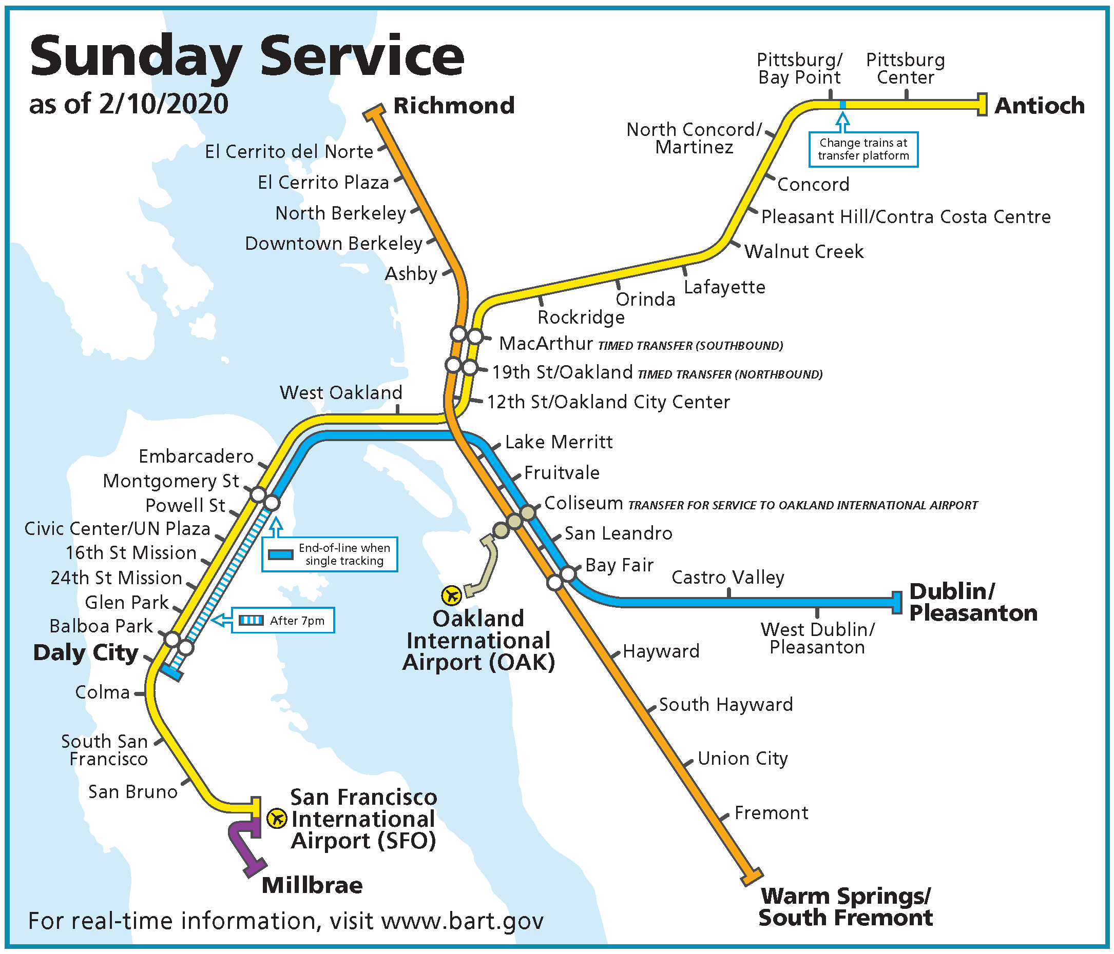 BART new Sunday service map beginning on February 2020