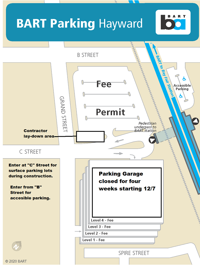 Map of parking locations at Hayward Station