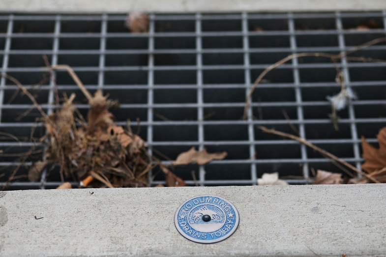 A conventional storm drain; Warm Springs has more bioswales and fewer of these; note the “No Dumping – Drains to Bay” marker – a