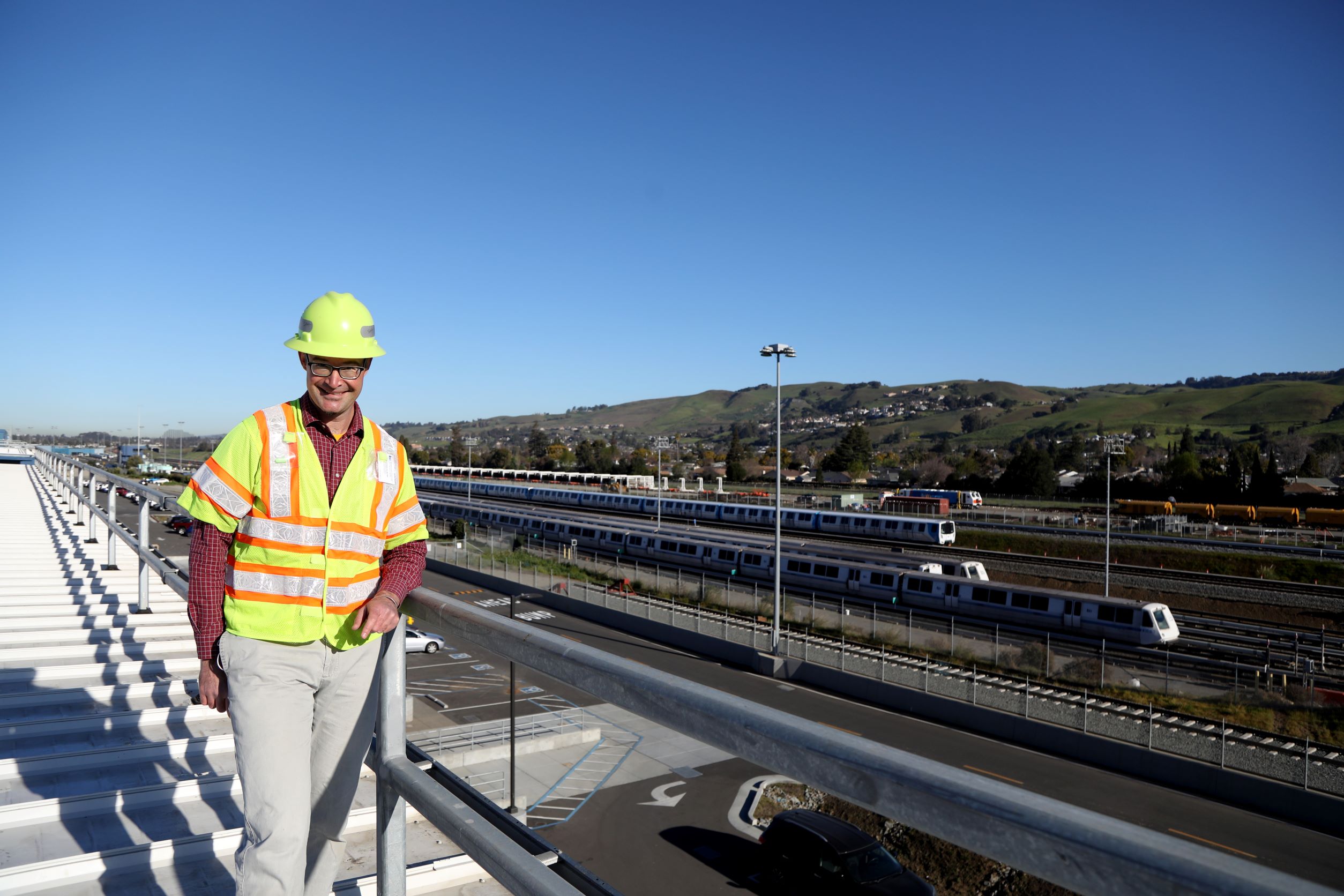 Samuel Hoffman, mechanical engineers, stands atop Hayward Maintenance Complex