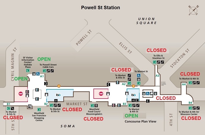 Map of closed entrances at Powell Street Station