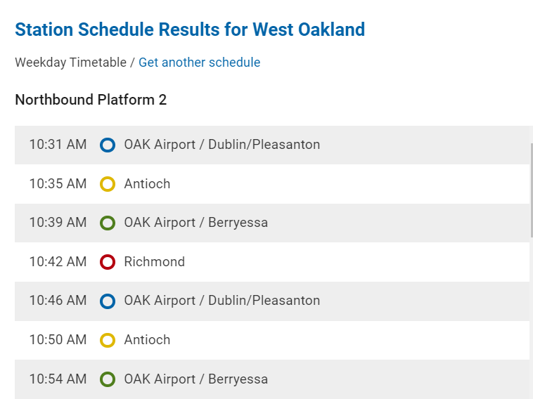 BART Trip Planner results for a Berryessa to OAK trip. The Orange line now calls out OAK Airport. 