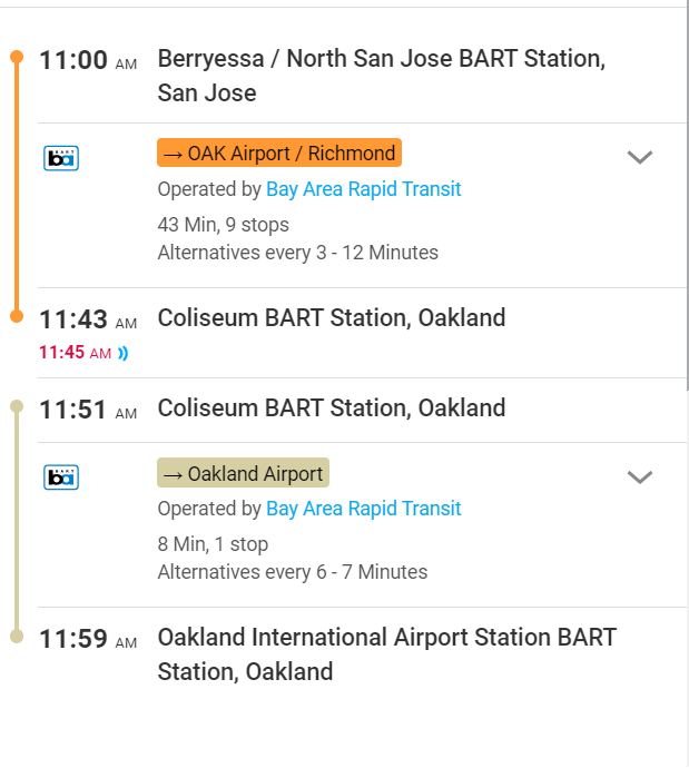 BART's Schedule by Station Results now shows which train to take to connect to OAK