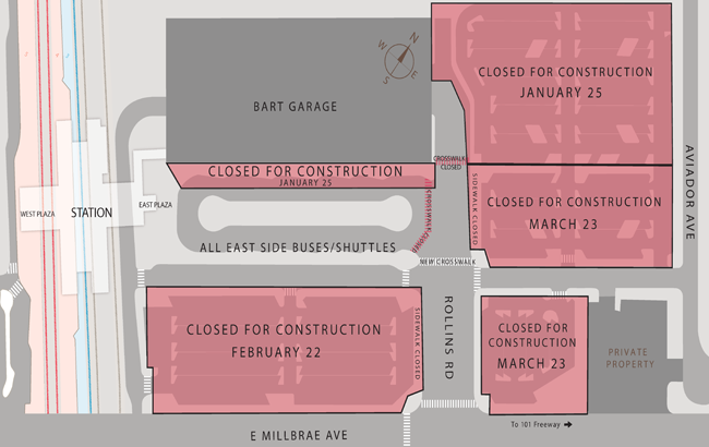 Map of parking closures at Millbrae Station