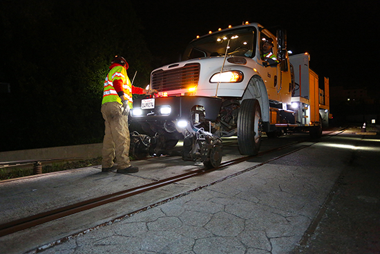 Welding truck "setting on" to tracks 