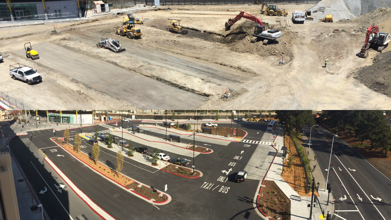 Top, under construction; bottom, pedestrian-friendly bus terminal area