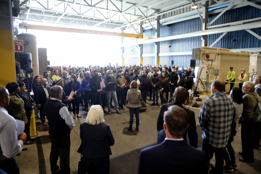 The BART Board, including Board President Rebecca Saltzman, speak at the Hayward Maintenance Complex on Oct. 27. 