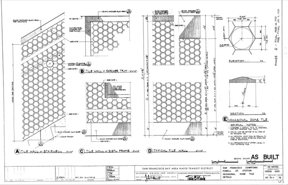 A page from the 1970 architectural finish drawings for Powell St. Station that detail the bubble tiles. 