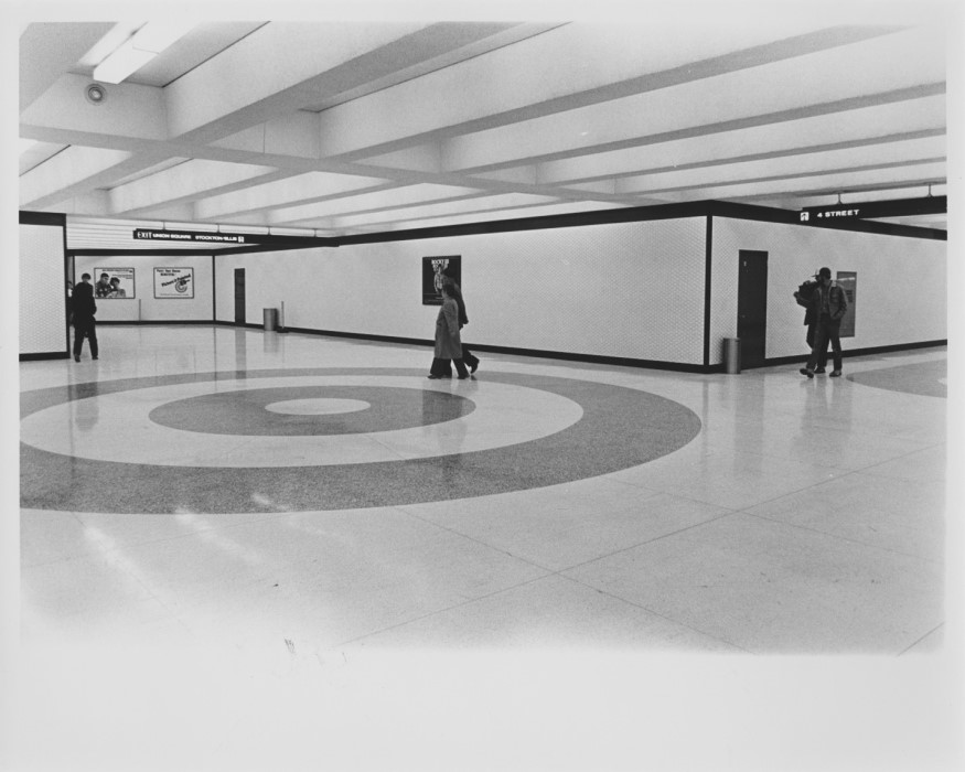 The bubble tiles at Powell St. Station are visible on the walls in this historic photo. 