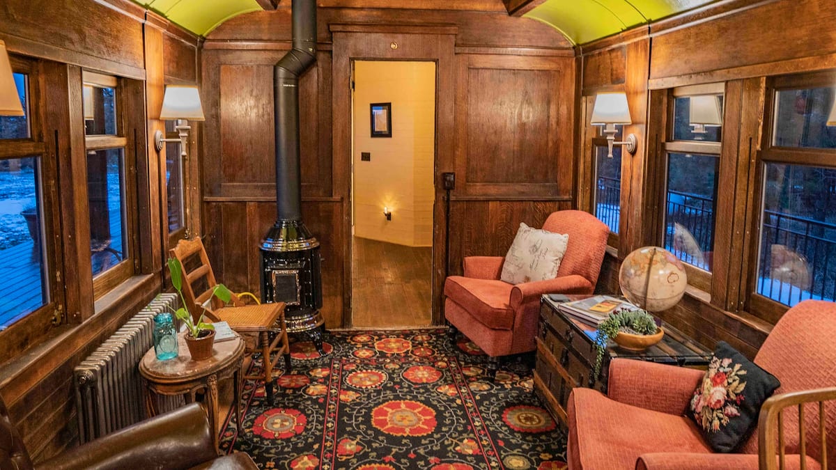 Interior view of sitting room in the lovingly restored 1909 Washington, Idaho & Montana train car