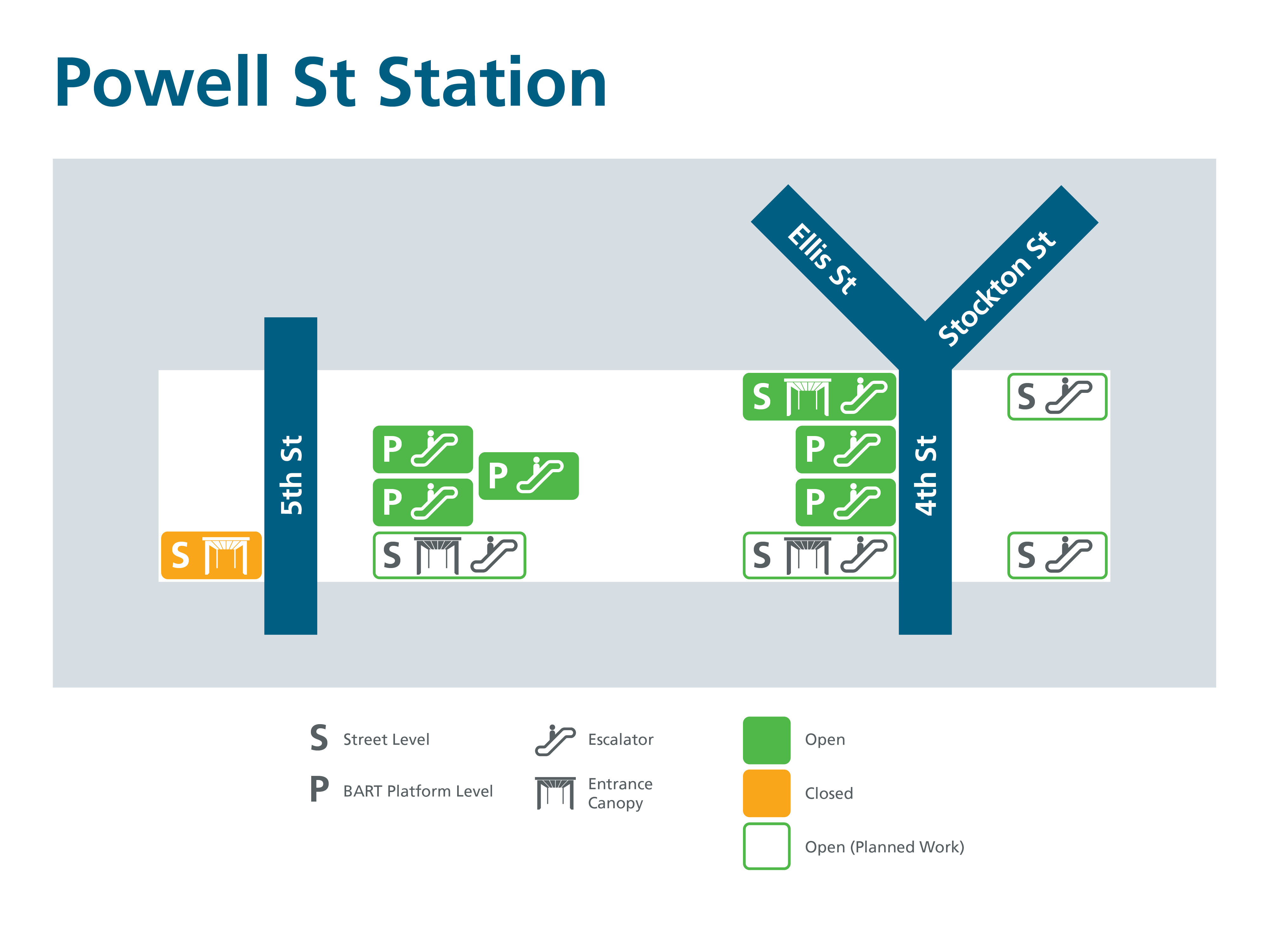 A map showing the status of Powell St. Station entrances