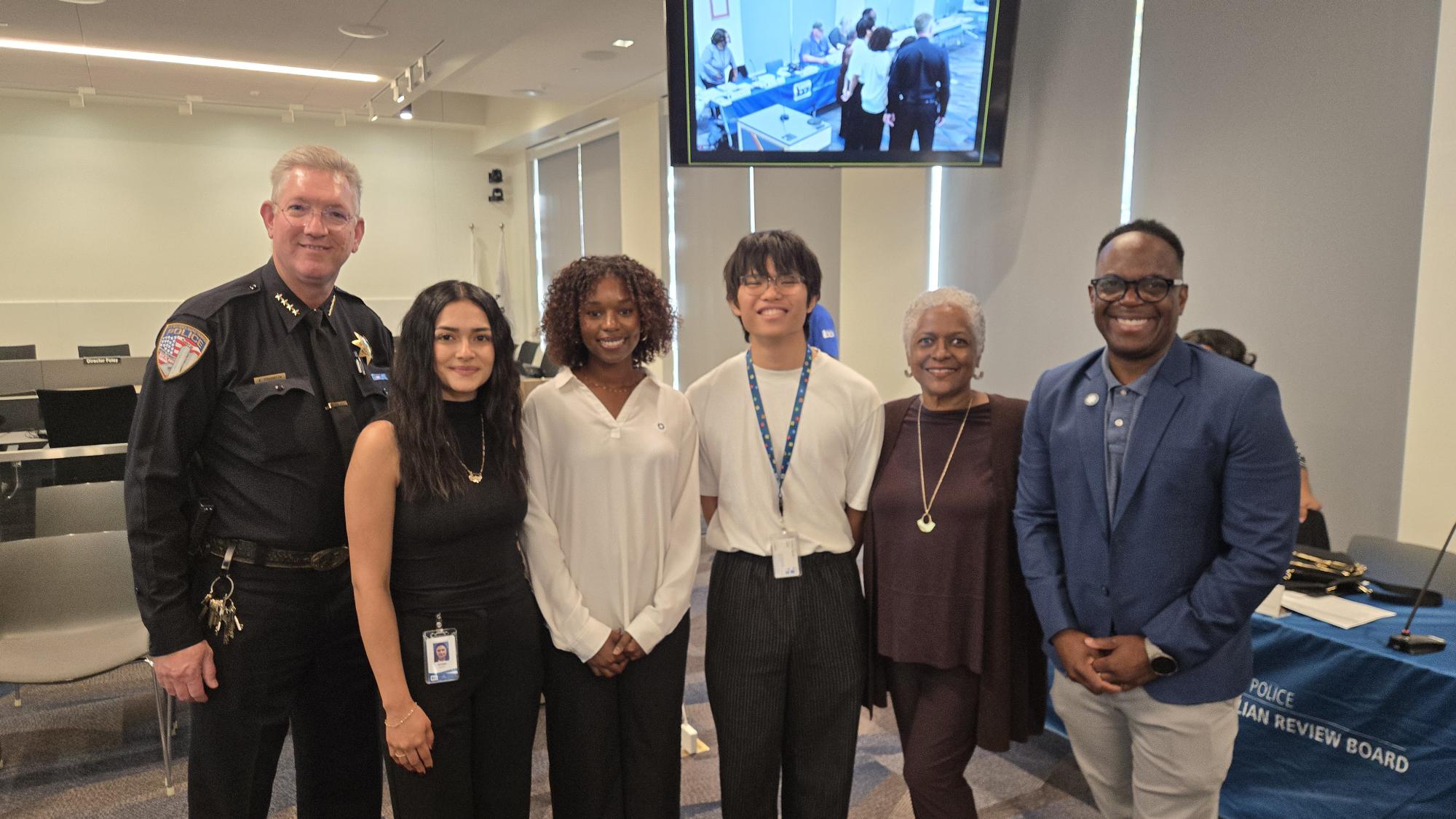 BART Police Chief Kevin Franklin; Interns Saira Guevara, Samar Shimila, and Tim Nguyen; BPCRB Chair Dana Lang; OIPA Stakeholder Engagement Administrator Linton Johnson at today’s public meeting.