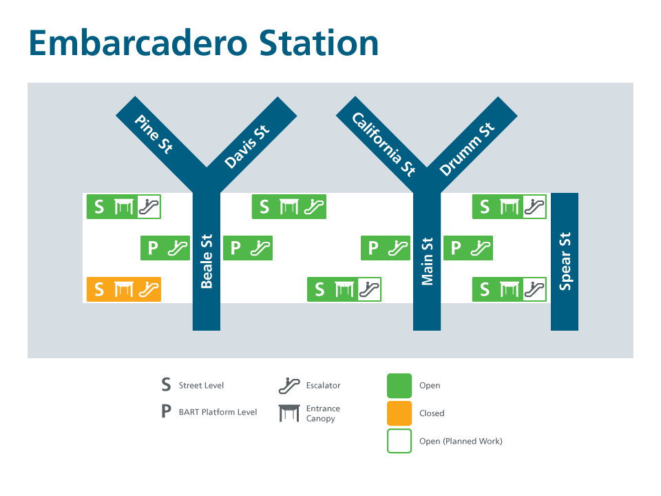 Embarcadero escalators and canopies map