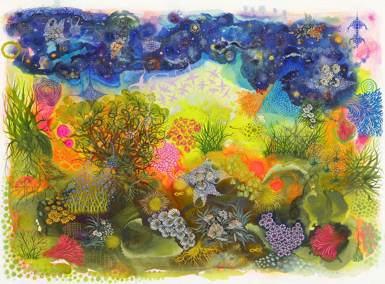 A colorful painting of abstract sky in various shades of blue with the lower 2/3 of the artwork in various shades of greens, yellows an pops of pink that are abstracted interpretations of plant life. The painting is by Carrie Lederer