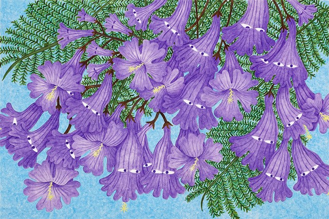 Image of a painting of jacaranda tree flowers and leaves on a blue background. Some of the flowers have cartoonish eyes on them. The artist is Liz Hernandez
