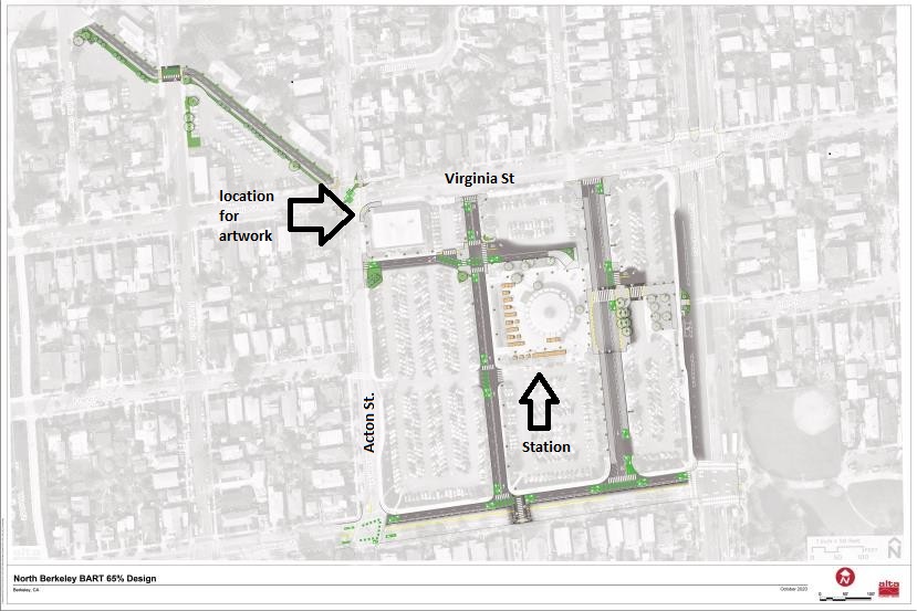 Plan View of Artwork location at the N. Berkeley BART station showing arrows pointing to the substation where the artwork will be located and an arrow showing where the station is located on the site