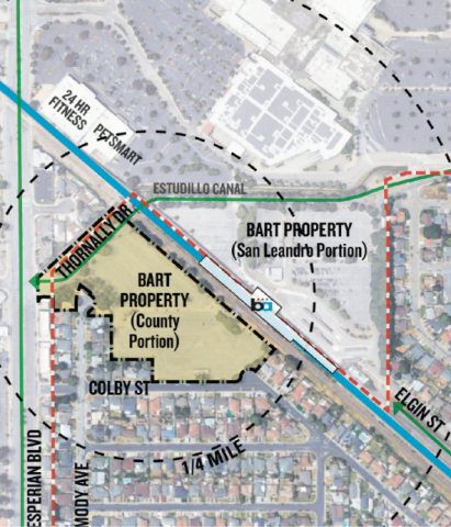 Map highlighting BART property at the Bay Fair Station in Alameda County, which is bound by Thornally Drive, the BART and railroad tracks, Colby Street, and Hesperian Boulevard. 