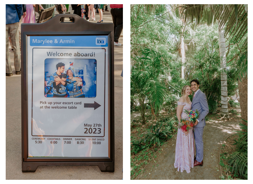 Left: The BART-themed welcome sign at Armin Samii and Marylee Williams’ wedding. Right: A portrait of Marylee and Armin at their wedding on May 27, 2023, at Oakland’s Fairyland. Photos courtesy of Katie Weinholt Photography. 