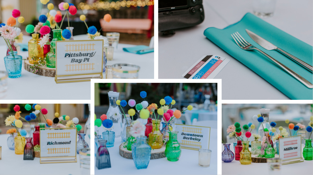 The reception tables each represented a station that was assigned based on the guest’s “BART vibes.” Photos courtesy of Katie Weinholt Photography. 